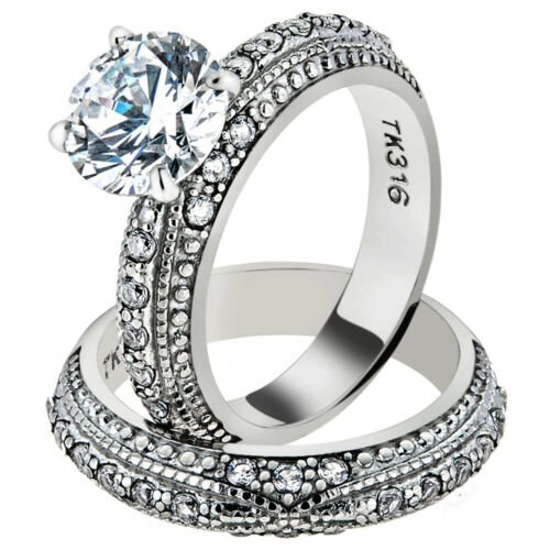 Jewellery Kingdom Cubic Zirconia Solitaire Accents Ladies Wedding Engagement Ring Set Band (Silver) - Engagement Rings - British D'sire