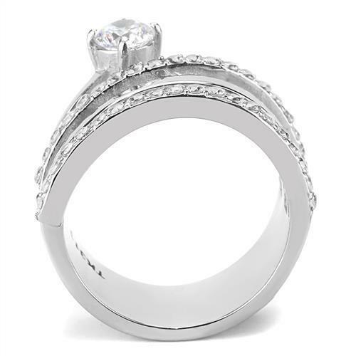 Jewellery Kingdom Cubic Zirconia Solitaire Swirl Stainless Steel Silver Pave Sparkling Ladies Wide Ring - Jewelry Rings - British D'sire