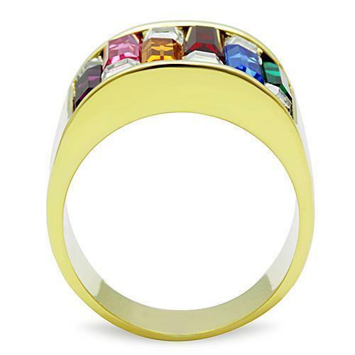 Jewellery Kingdom Cubic Zirconia Sparkling 12mm 18kt Gold Steel Multi Coloured Band Ring - Jewelry Rings - British D'sire