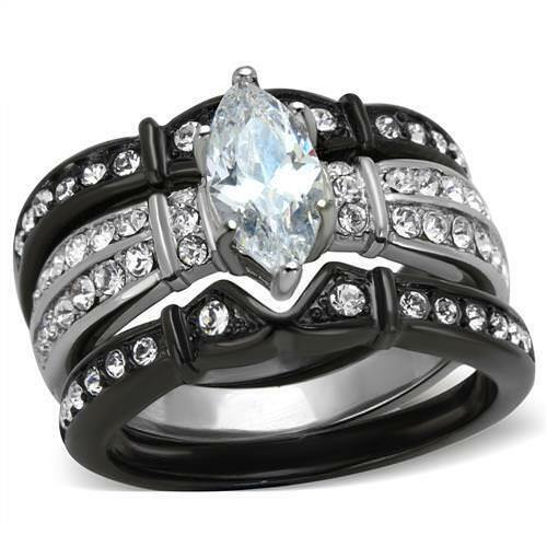 Jewellery Kingdom Cubic Zirconia Stainless Steel Black 1.50CT Ladies Marquise Engagement Ring Set - Jewelry Rings - British D'sire