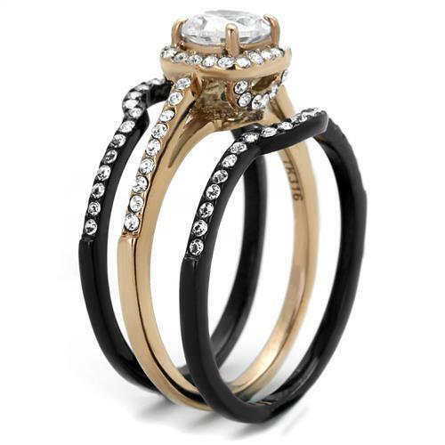 Jewellery Kingdom Cubic Zirconia Stainless Steel Engagement Wedding Ladies Ring Bands (Rose Gold & Black) - Jewelry Rings - British D'sire