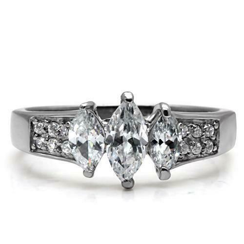 Jewellery Kingdom Cubic Zirconia Three Stone Silver Stainless Steel Ladies Marquise Ring - Jewelry Rings - British D'sire