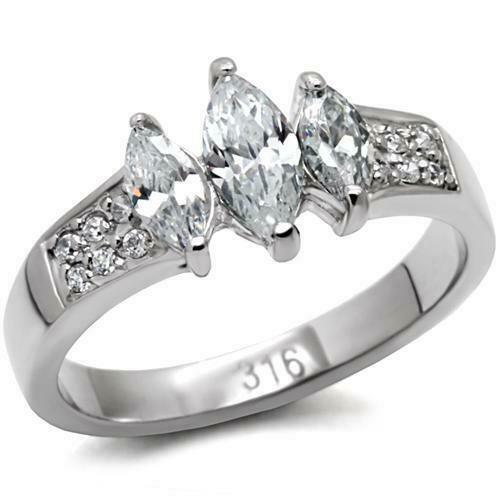 Jewellery Kingdom Cubic Zirconia Three Stone Silver Stainless Steel Ladies Marquise Ring - Jewelry Rings - British D'sire