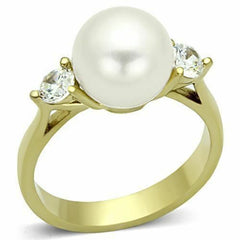 Jewellery Kingdom Cubic Zirconia Three Stone Steel Elegant White 18Kt Ladies Pearl Gold Ring - Jewelry Rings - British D'sire