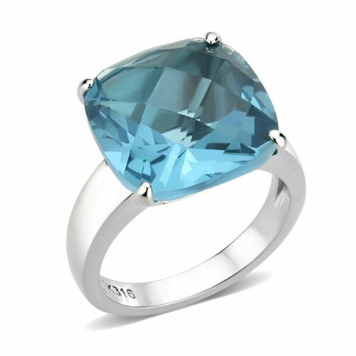 Jewellery Kingdom Cushion Cubic Zirconia Silver Stainless Steel Solitaire Cocktail Ladies Blue Topaz Ring - Jewelry Rings - British D'sire