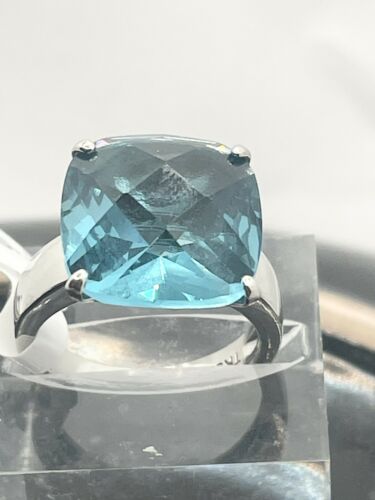 Jewellery Kingdom Cushion Cubic Zirconia Silver Stainless Steel Solitaire Cocktail Ladies Blue Topaz Ring - Jewelry Rings - British D'sire