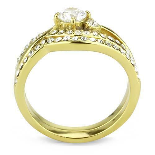 Jewellery Kingdom CZ Band Oval Solitaire 18KT Steel Engagement Wedding Ladies Gold Ring Set - Jewelry Rings - British D'sire