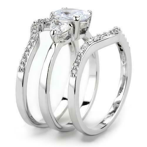 Jewellery Kingdom CZ Heart Oval Silver Ladies Engagement Wedding Band Ring Set - Engagement Rings - British D'sire