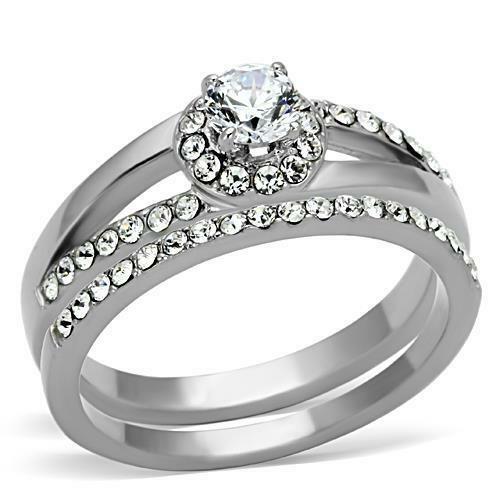 Jewellery Kingdom CZ Stainless Steel Pretty Engagement Wedding Band Silver Ring Set - Jewelry Rings - British D'sire