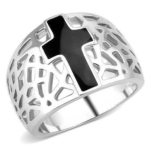 Jewellery Kingdom Dome Open Stainless Steel Epoxy Ladies Cross Ring (Black & Silver) - Rings - British D'sire