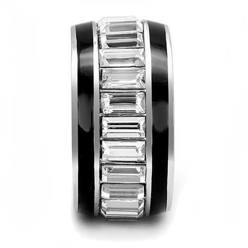 Jewellery Kingdom Emerald Cut Enamel Stainless Steel Ladies cz Band Ring (Black & Silver) - Rings - British D'sire