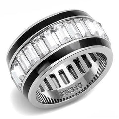 Jewellery Kingdom Emerald Cut Enamel Stainless Steel Ladies cz Band Ring (Black & Silver) - Rings - British D'sire