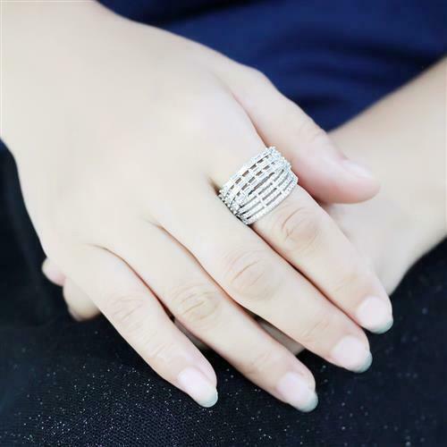 Jewellery Kingdom Emerald Cut Round Pave Silver Rhodium Split Sparkling Ladies Cubic Zirconia Ring Band - Jewelry Rings - British D'sire