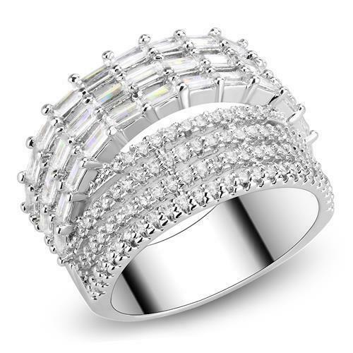 Jewellery Kingdom Emerald Cut Round Pave Silver Rhodium Split Sparkling Ladies Cubic Zirconia Ring Band - Jewelry Rings - British D'sire