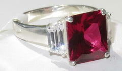 Jewellery Kingdom Emerald Cut Sterling Silver 8CT Three Stone Ladies Ruby Ring (Red) - Jewelry Rings - British D'sire