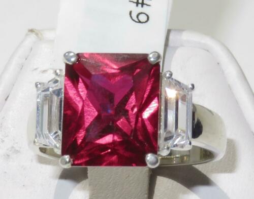 Jewellery Kingdom Emerald Cut Sterling Silver 8CT Three Stone Ladies Ruby Ring (Red) - Jewelry Rings - British D'sire