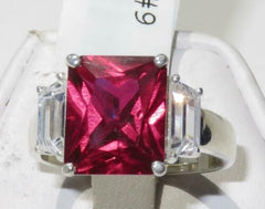 Jewellery Kingdom Emerald Cut Sterling Silver 8CT Three Stone Ladies Ruby Ring (Red) - Jewelry Rings - British D'sire