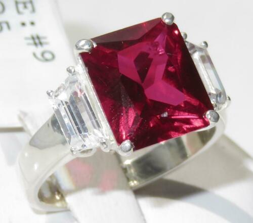 Jewellery Kingdom Emerald Cut Sterling Silver 8CT Three Stone Ladies Ruby Ring (Red) - Jewelry Rings - British D'sire