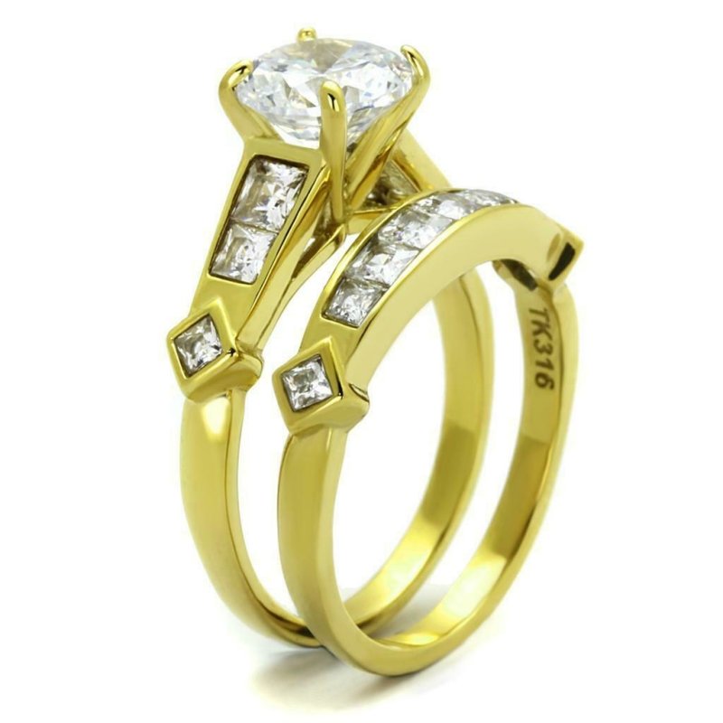 Jewellery Kingdom Engagement & Band Cubic Zirconia Wedding 18kt Steel Ring Set (Gold) - Rings - British D'sire