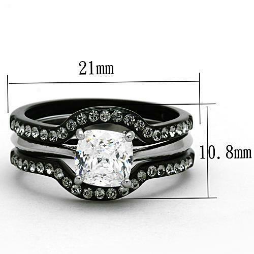 Jewellery Kingdom Engagement Wedding Band Cz Cushion Cut Stainless Steel 3pcs Ring Set (Black) - Jewelry Rings - British D'sire