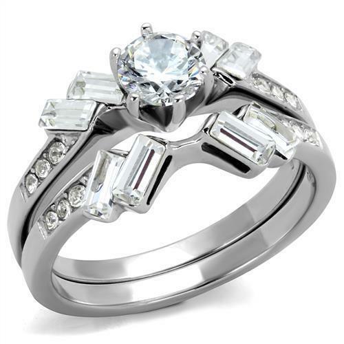 Jewellery Kingdom Engagement Wedding Cz 3ct Emerald Cut Stainless Steel Ring Set (Silver) - Jewelry Rings - British D'sire