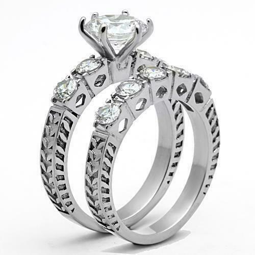 Jewellery Kingdom Engagement Wedding Set Silver Band Cubic Zirconia Stainless Steel Ring - Jewelry Rings - British D'sire