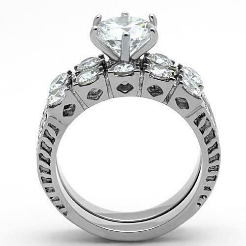 Jewellery Kingdom Engagement Wedding Set Silver Band Cubic Zirconia Stainless Steel Ring - Jewelry Rings - British D'sire