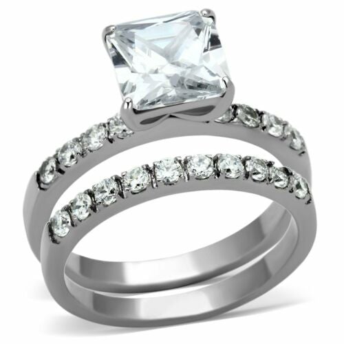 Jewellery Kingdom Engagement Wedding Silver Princess Simulated Diamonds 3.3 Carat 8.8mm Ring Set (Silver) - Jewelry Rings - British D'sire