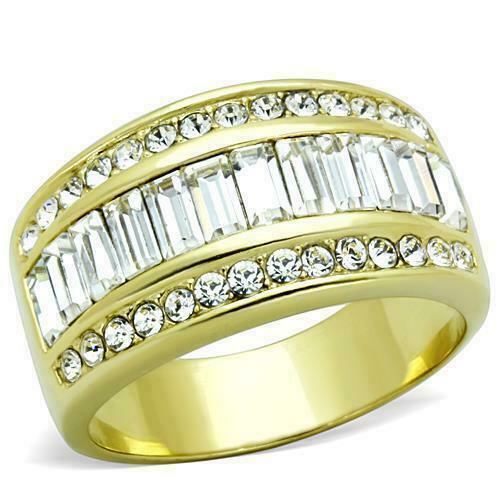 Jewellery Kingdom Eternity Cubic Zirconia Baguettes 18KT Steel Ladies Band Ring (Gold) - Jewelry Rings - British D'sire