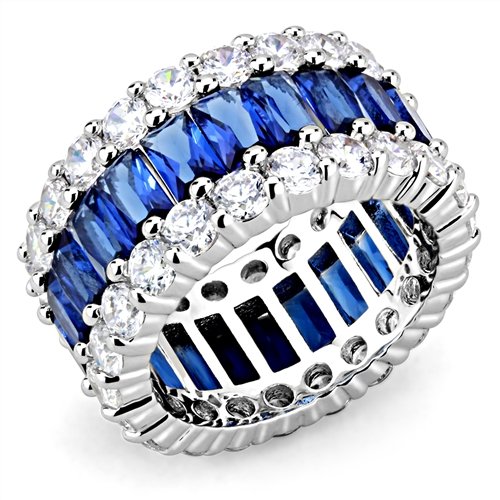 Jewellery Kingdom Full Eternity Blue Emerald Cut Silver Rhodim Ladies Sapphire Band Ring - Jewelry Rings - British D'sire