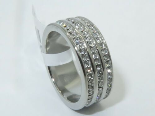 Jewellery Kingdom Full Eternity Ring Triple Row Stainless Steel Ladies Band Ring (Silver) - Rings - British D'sire