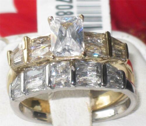 Jewellery Kingdom Gold Cubic Zirconia Emerald Cut Two Tone Steel Ladies Engagement Wedding Ring Set - Jewelry Rings - British D'sire