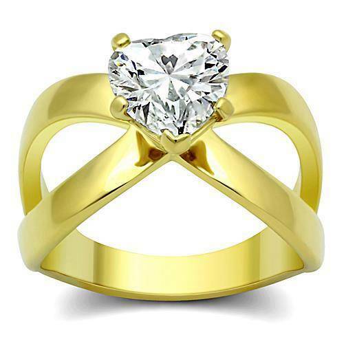 Jewellery Kingdom Gold Heart Ring Cz Solitaire 18kt Steel 2 Carat Ladies Crossover Clear - Jewelry Rings - British D'sire