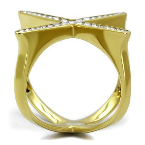 Jewellery Kingdom Gold Ladies Band Princess Cut Cubic Zirconia Cocktail Glamorous Steel Ring - Jewelry Rings - British D'sire