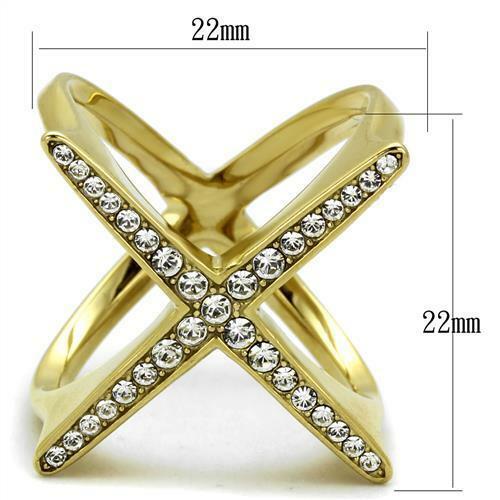 Jewellery Kingdom Gold Ladies Band Princess Cut Cubic Zirconia Cocktail Glamorous Steel Ring - Jewelry Rings - British D'sire