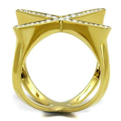 Jewellery Kingdom Gold Ladies Band Princess Cut Cubic Zirconia Cocktail Glamorous Steel Ring - Jewelry Rings - British D'sire