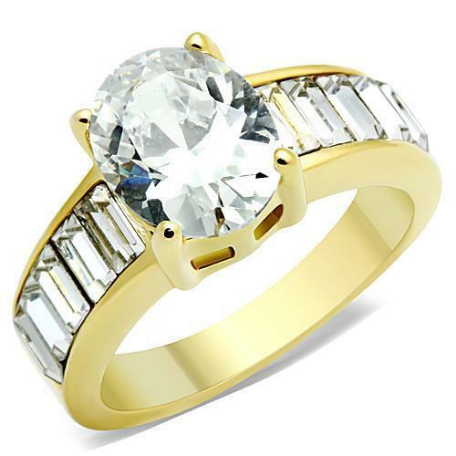 Jewellery Kingdom Gold Oval Ladies Cz Baguettes Engagement 18kt 3 Carat Steel Clear Ring - Jewelry Rings - British D'sire