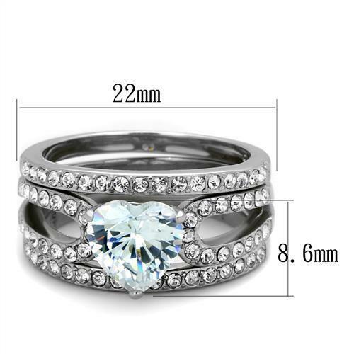 Jewellery Kingdom Heart Cubic Zirconia 3pcs Stainless Steel Wedding Engagement Ladies Ring Set - Rings - British D'sire