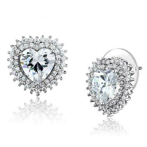 Jewellery Kingdom Heart Stud Cubic Zirconia 3 Ladies Carat Per Ear Studs Earrings (Silver) - Earrings - British D'sire