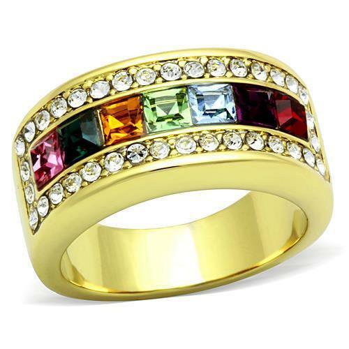 Jewellery Kingdom Ladies 10mm Cubic Zirconia Princess Multi Colour Gems Gold Band Ring - Jewelry Rings - British D'sire