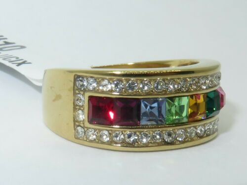 Jewellery Kingdom Ladies 10mm Cubic Zirconia Princess Multi Colour Gems Gold Band Ring - Jewelry Rings - British D'sire