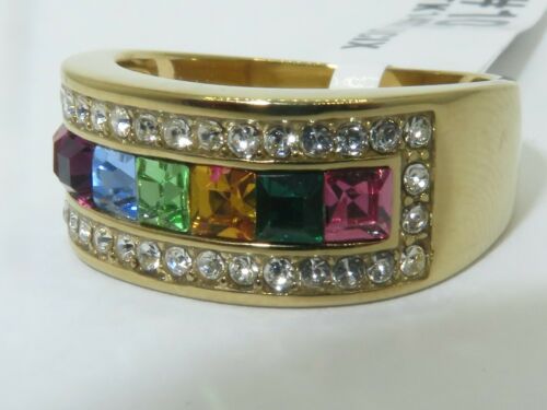 Jewellery Kingdom Ladies 10mm Cubic Zirconia Princess Multi Colour Gems Gold Band Ring - Jewelry Rings - British D'sire