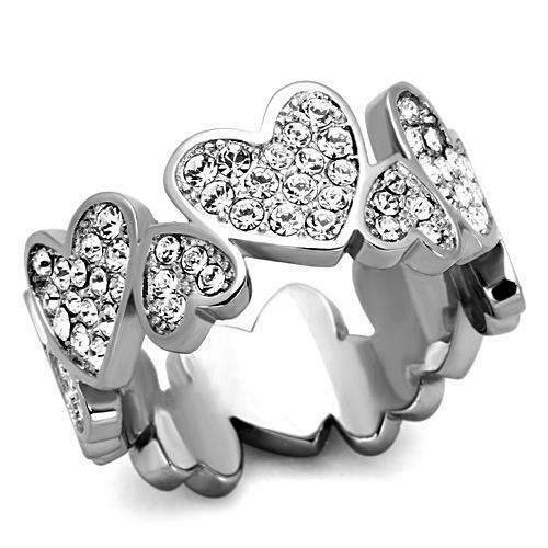 Jewellery Kingdom Ladies 10mm Heart Full Eternity Stainless Steel Silver Band Ring - Jewelry Rings - British D'sire