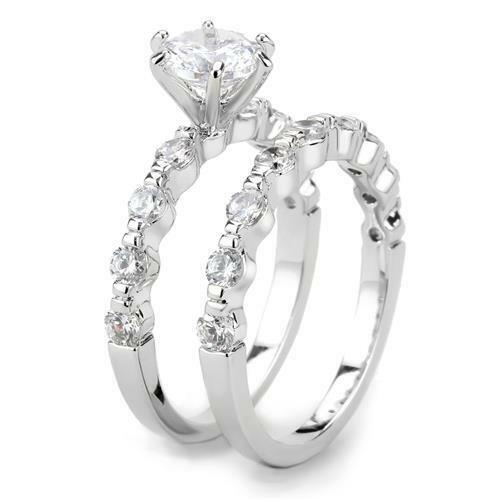 Jewellery Kingdom Ladies 2pcs Engagement Set Wedding Band Cz Rhodium Ring (Silver) - Jewelry Rings - British D'sire