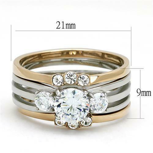 Jewellery Kingdom Ladies 3 Stone Engagement Wedding Band Stainless Steel Cubic Zirconia Ring Set (Rose Gold) - Jewelry Rings - British D'sire