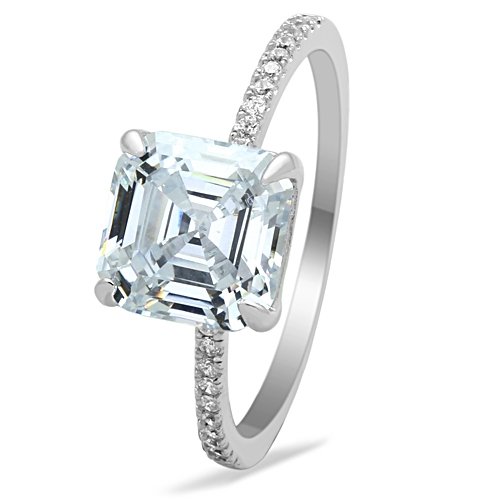 Jewellery Kingdom Ladies Asscher Cut Solitaire Accents 3CT Engagement Ring (Sterling Silver) - Jewelry Rings - British D'sire