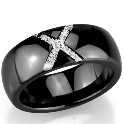 Jewellery Kingdom Ladies Band 10mm Ceramic Stainless Steel Cz Chunky Cross Shiney Ring (Black) - Jewelry Rings - British D'sire