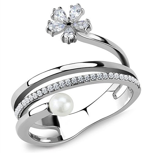 Jewellery Kingdom Ladies Band Flower Pearl Pear Sparkling Stainless Steel Ring (Silver) - Jewelry Rings - British D'sire