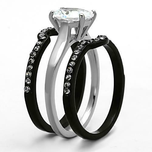 Jewellery Kingdom Ladies Black Wedding Engagement Cz Bands Stainless Steel Ring Set - Jewelry Rings - British D'sire