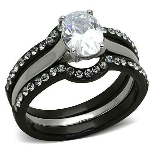 Jewellery Kingdom Ladies Black Wedding Engagement Cz Bands Stainless Steel Ring Set - Jewelry Rings - British D'sire